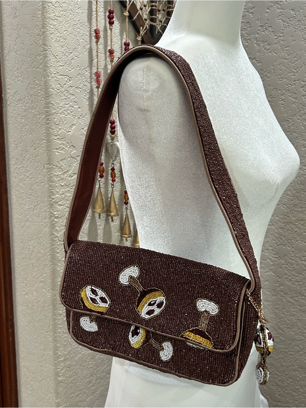 Beaded Brown Shoulder Bag with Drink Embroidery